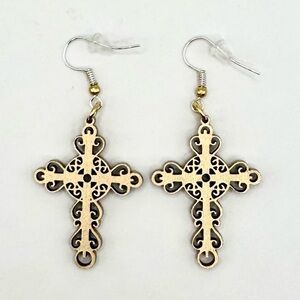 Handcrafted Gold Colored Wood Lightweight Gothic Filigree Cross Dangle Earrings
